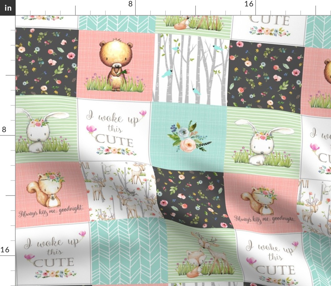 4 1/2" Woodland Animals Patchwork Quilt – I Woke Up this Cute Nursery Blanket Bedding (peach mint green) GL-PMG11