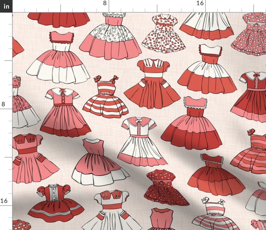 1950s Girls Dresses - Red, H White Linen