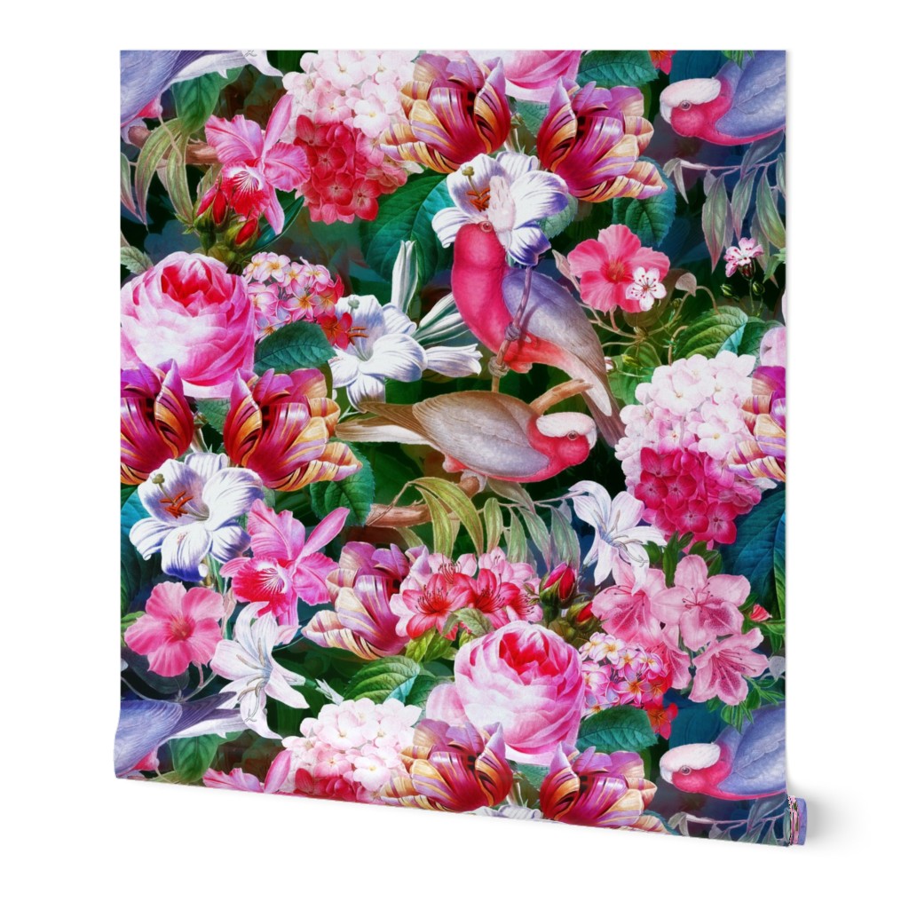 14" Pierre-Joseph Redouté Roses, lush Tropical Flowers and Birds, dark