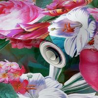 14" Pierre-Joseph Redouté Roses, lush Tropical Flowers and Birds, dark
