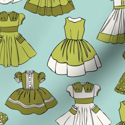1950s Girls Dresses - Green, Aqua, H White