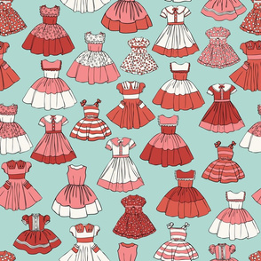 1950s Girls Dresses - Red, Aqua, H White