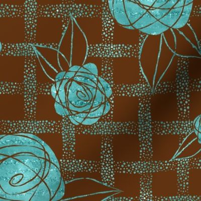 Roses on Dots Basket Weave  ~ Teal Brown