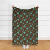 Roses on Dots Basket Weave  ~ Teal Brown