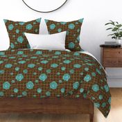 Roses on Dots Basket Weave  ~ Teal Brown