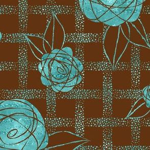 Roses on Dots Basket Weave  ~ Teal Brown
