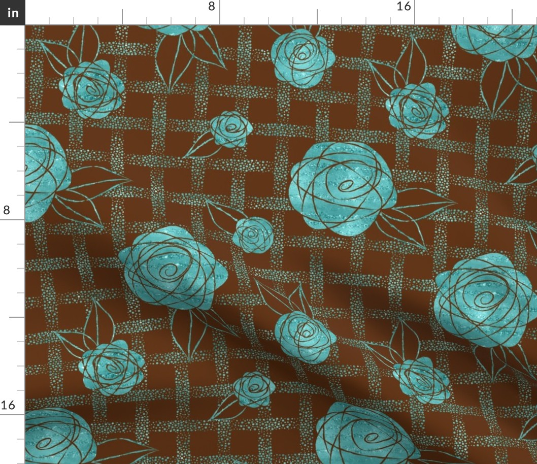 Roses on Dots Basket Weave  ~ Teal Brown