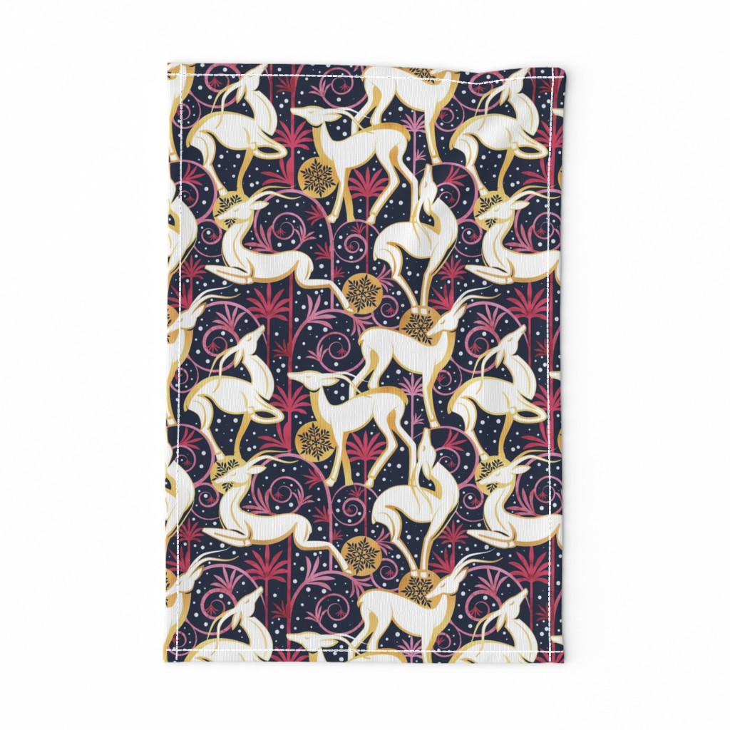 Normal scale // Deco Gazelles Garden Christmas Version // navy background white animals gold and red textured decorative elements