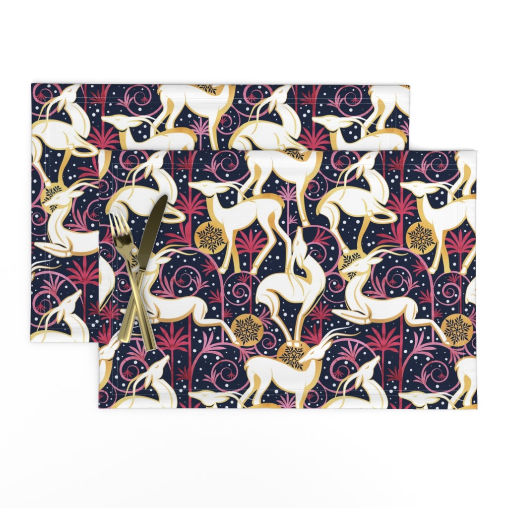 Normal scale // Deco Gazelles Garden Christmas Version // navy background white animals gold and red textured decorative elements