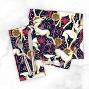 Normal scale // Deco Gazelles Garden Christmas Version // navy background white animals gold and red textured decorative elements