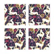Normal scale // Deco Gazelles Garden Christmas Version // navy background white animals gold and red textured decorative elements