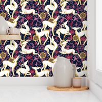 Normal scale // Deco Gazelles Garden Christmas Version // navy background white animals gold and red textured decorative elements