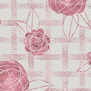 Roses on Dots Basket Weave ~ Pink Grey