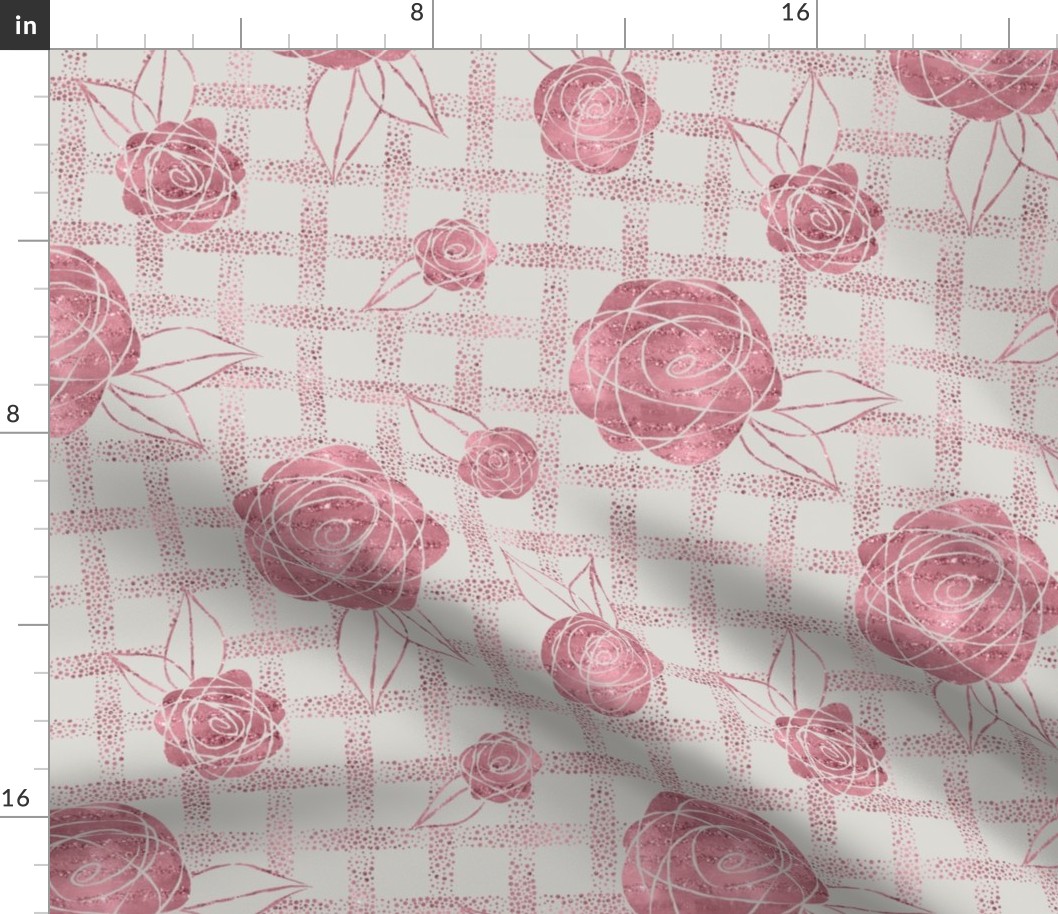 Roses on Dots Basket Weave ~ Pink Grey