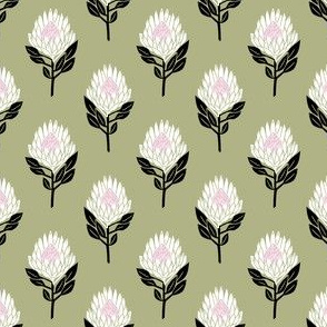 protea floral  // linocut flower, floral, stem, bloom, linocuts, folk, decor - olive