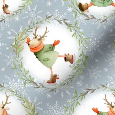 Winter Deer & Wreath - holiday fabric - LARGE SIZE