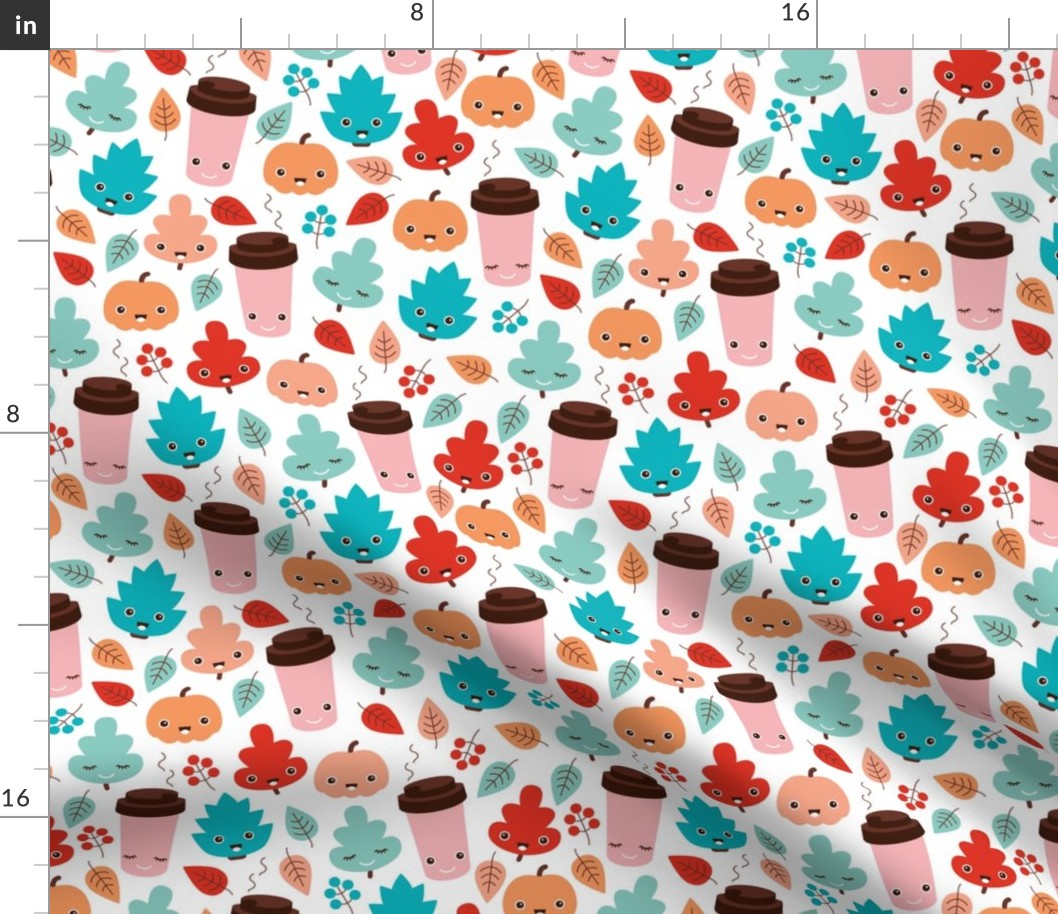 Kawaii autumn leaves and pumpkin spice latte love illustration pattern girls