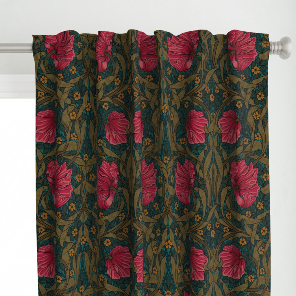 Pimpernel - LARGE - historic reconstructed damask wallpaper by William Morris -  autumnal teal and pink antiqued restored reconstruction  art nouveau art deco