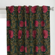 Pimpernel - LARGE - historic reconstructed damask wallpaper by William Morris -  autumnal teal and pink antiqued restored reconstruction  art nouveau art deco