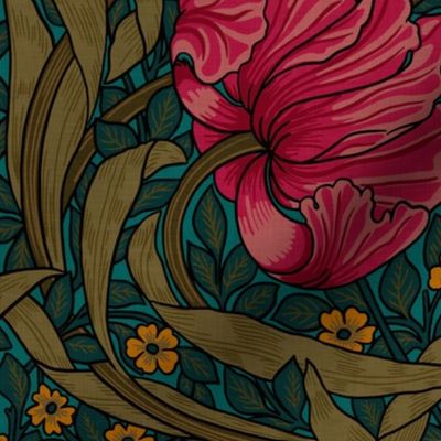 Pimpernel - LARGE - historic reconstructed damask wallpaper by William Morris -  autumnal teal and pink antiqued restored reconstruction  art nouveau art deco