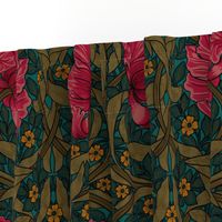 Pimpernel - LARGE - historic reconstructed damask wallpaper by William Morris -  autumnal teal and pink antiqued restored reconstruction  art nouveau art deco