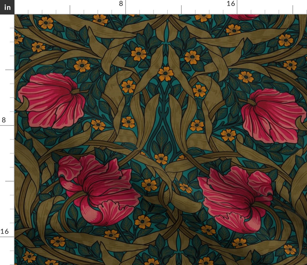 Pimpernel - LARGE - historic reconstructed damask wallpaper by William Morris -  autumnal teal and pink antiqued restored reconstruction  art nouveau art deco