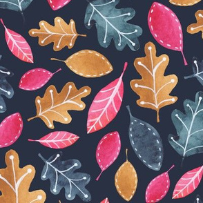 Bright Pink and Brown Watercolor Leaves on Navy