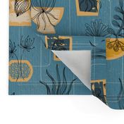 1950s Houseplants- Blue // retro midcentury modern plants vintage mid mod planters leaves fabric