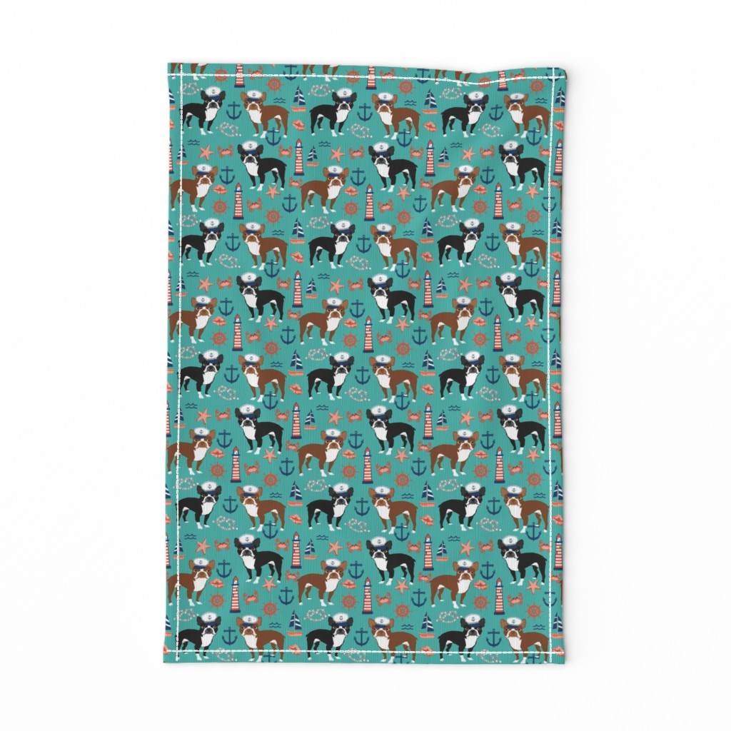 boston terrier dog fabric, nautical summer lighthouse design - turquoise