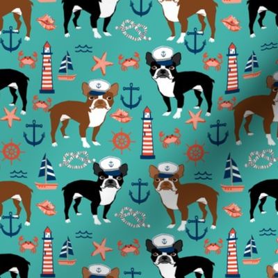 boston terrier dog fabric, nautical summer lighthouse design - turquoise