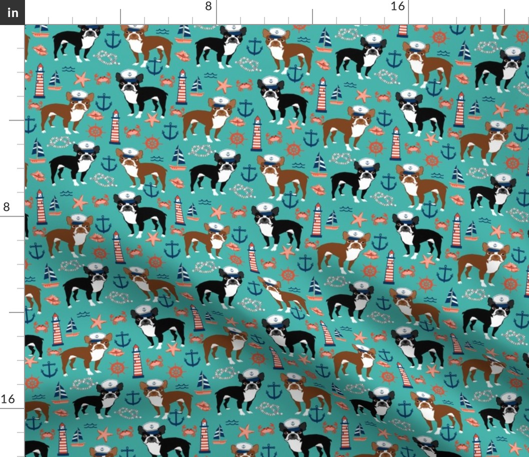 boston terrier dog fabric, nautical summer lighthouse design - turquoise