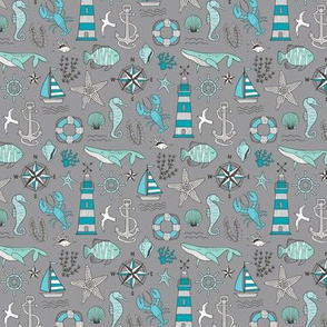 Nautical Doodle with whale,lighthouse,Anchor Mint Aqua Blue on Dark Grey Smaller 1,5 inch