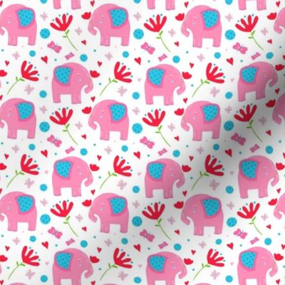 Cute Baby Girls Pink Elephants with Red Flowers on White