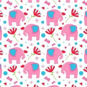 Cute Baby Girls Pink Elephants with Red Flowers on White