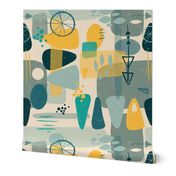 1950s Mid Century Shapes Collage Blue Yellow - Large