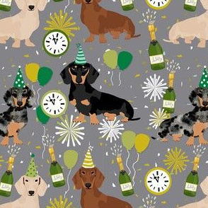 dachshund new years eve print - cute dog, dogs, nye, clock, midnight, celebration, champagne
