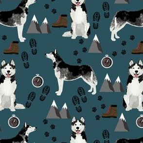 husky hiking fabric - dark navy blue husky, mountains, dog, hiking, trail fabric