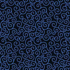 blue curlicues on black