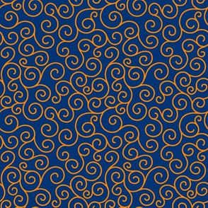 orange curlicues on blue