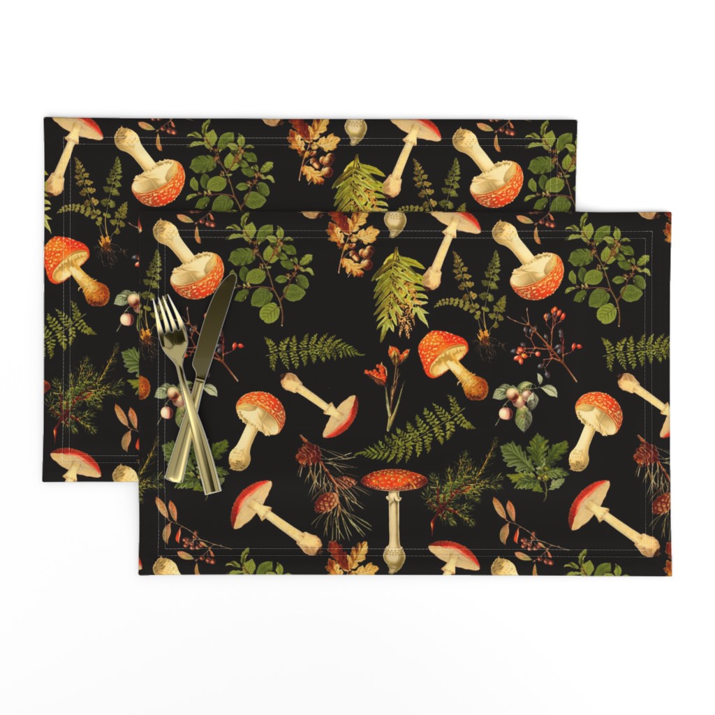 12" Nostalgic Autumn Harvest Victorian Forest on Black. Dark Gothic Dark Academia Mystic Botany Home Decor with Antique Fabric and Psychedelic Goth Mushroom Wallpaper