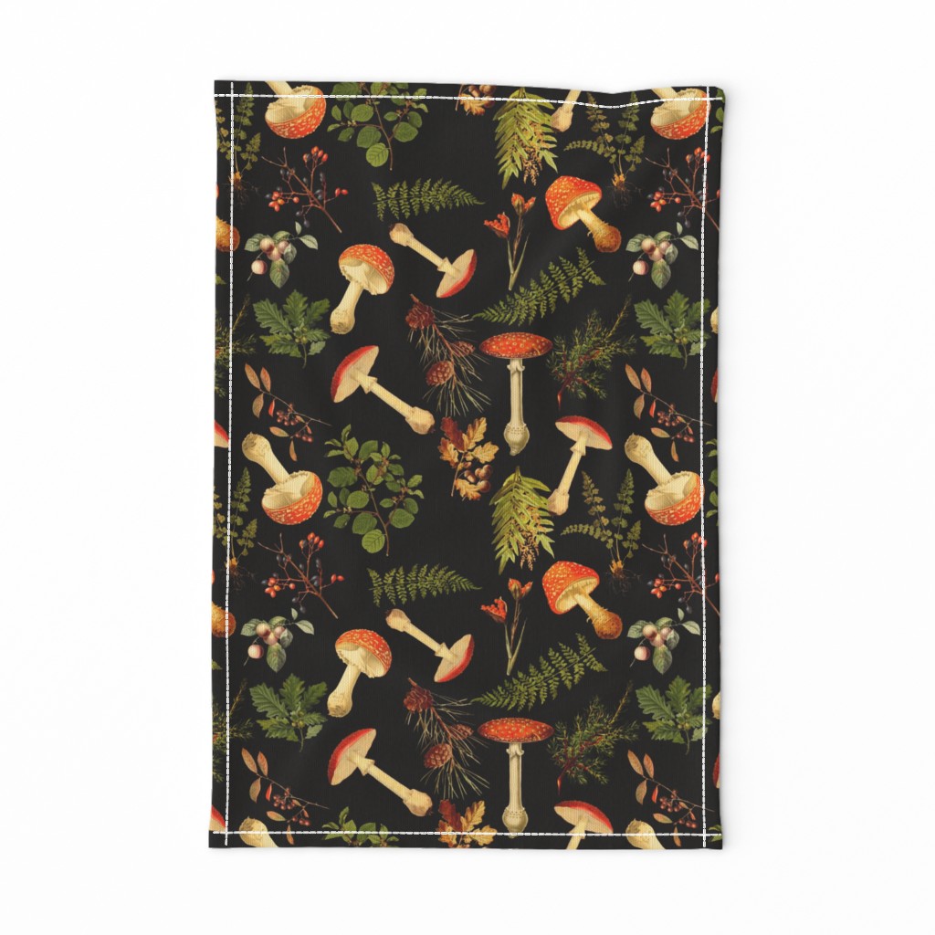 12" Nostalgic Autumn Harvest Victorian Forest on Black. Dark Gothic Dark Academia Mystic Botany Home Decor with Antique Fabric and Psychedelic Goth Mushroom Wallpaper