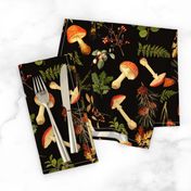 12" Nostalgic Autumn Harvest Victorian Forest on Black. Dark Gothic Dark Academia Mystic Botany Home Decor with Antique Fabric and Psychedelic Goth Mushroom Wallpaper