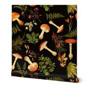 12" Nostalgic Autumn Harvest Victorian Forest on Black. Dark Gothic Dark Academia Mystic Botany Home Decor with Antique Fabric and Psychedelic Goth Mushroom Wallpaper