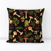 12" Nostalgic Autumn Harvest Victorian Forest on Black. Dark Gothic Dark Academia Mystic Botany Home Decor with Antique Fabric and Psychedelic Goth Mushroom Wallpaper