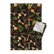 12" Nostalgic Autumn Harvest Victorian Forest on Black. Dark Gothic Dark Academia Mystic Botany Home Decor with Antique Fabric and Psychedelic Goth Mushroom Wallpaper