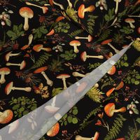 12" Nostalgic Autumn Harvest Victorian Forest on Black. Dark Gothic Dark Academia Mystic Botany Home Decor with Antique Fabric and Psychedelic Goth Mushroom Wallpaper