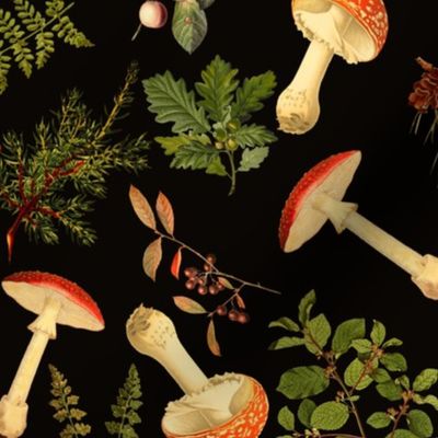 12" Nostalgic Autumn Harvest Victorian Forest on Black. Dark Gothic Dark Academia Mystic Botany Home Decor with Antique Fabric and Psychedelic Goth Mushroom Wallpaper