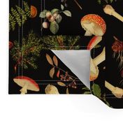 12" Nostalgic Autumn Harvest Victorian Forest on Black. Dark Gothic Dark Academia Mystic Botany Home Decor with Antique Fabric and Psychedelic Goth Mushroom Wallpaper