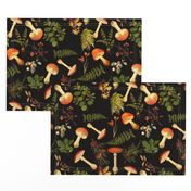 12" Nostalgic Autumn Harvest Victorian Forest on Black. Dark Gothic Dark Academia Mystic Botany Home Decor with Antique Fabric and Psychedelic Goth Mushroom Wallpaper