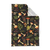 12" Nostalgic Autumn Harvest Victorian Forest on Black. Dark Gothic Dark Academia Mystic Botany Home Decor with Antique Fabric and Psychedelic Goth Mushroom Wallpaper